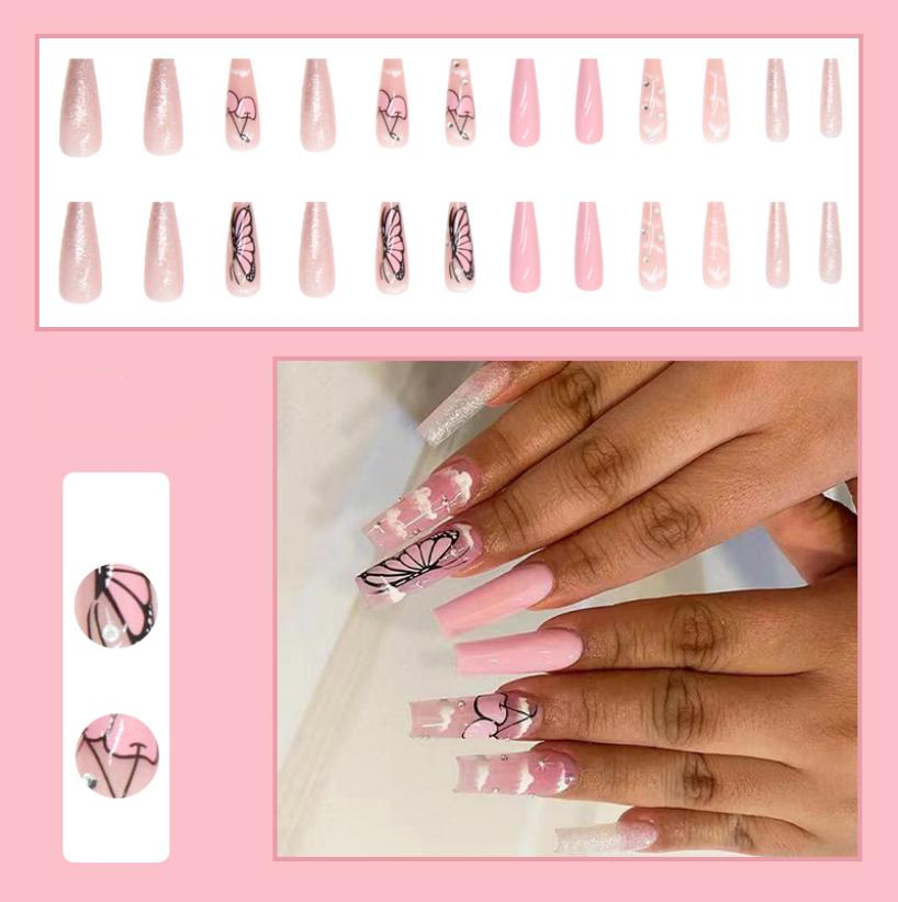 Press On Nails Rose Design Papillons