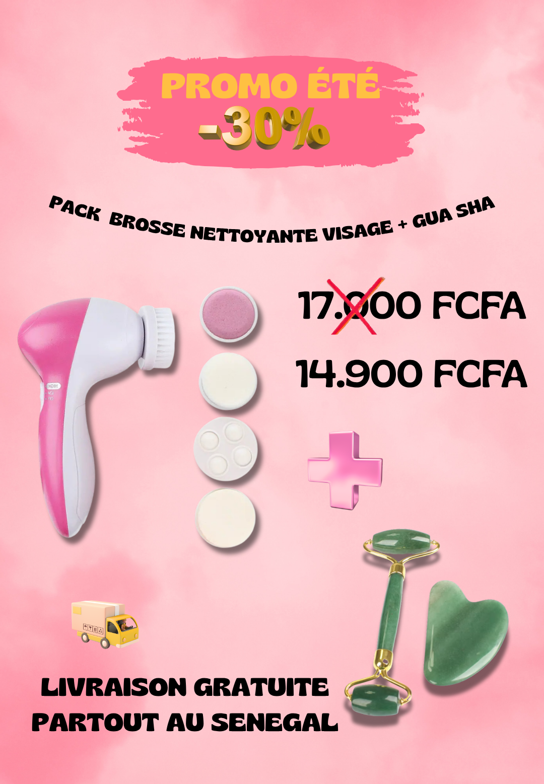 Brosse nettoyante visage + jade visage rouleau et gua sha